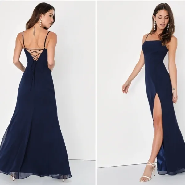 LULU's Bridesmaid Prom Wedding Flowy Romantic Lace-Up Back Sexy Maxi - Image 4