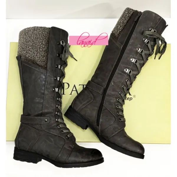 Spring Step Snowball Boots Grey Lace-Up Tall Knee-High Vegan Leather Flat Low 37 - Image 8