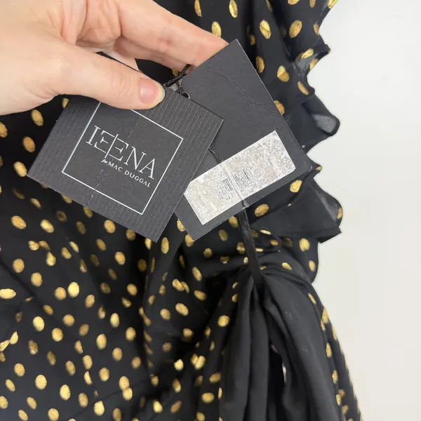 NWT‎ IEENA Mac Duggal Black Gold Metallic Polka Dot Ruffle Dress Size 4 Classic - Image 6