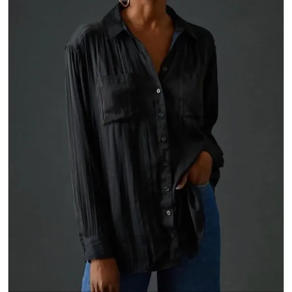 ANTHROPOLOGIE Black Satin Button Down Shirt Blouse Top Pockets Solid Small - Image 4