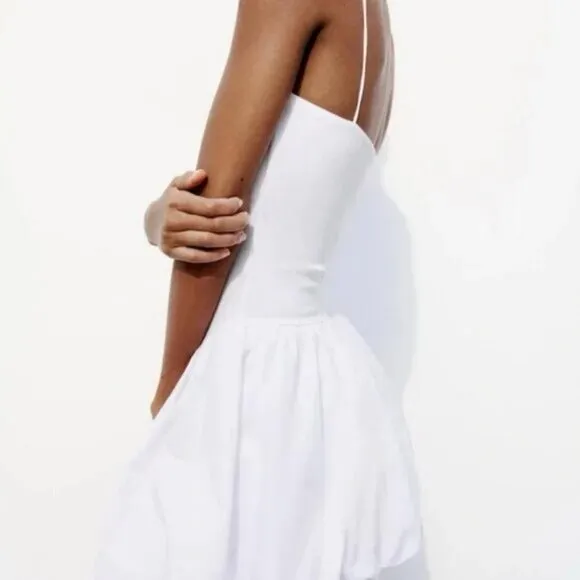 Zara Mixed Ribbed Poplin Balloon Mini Dress in White Medium - Image 4
