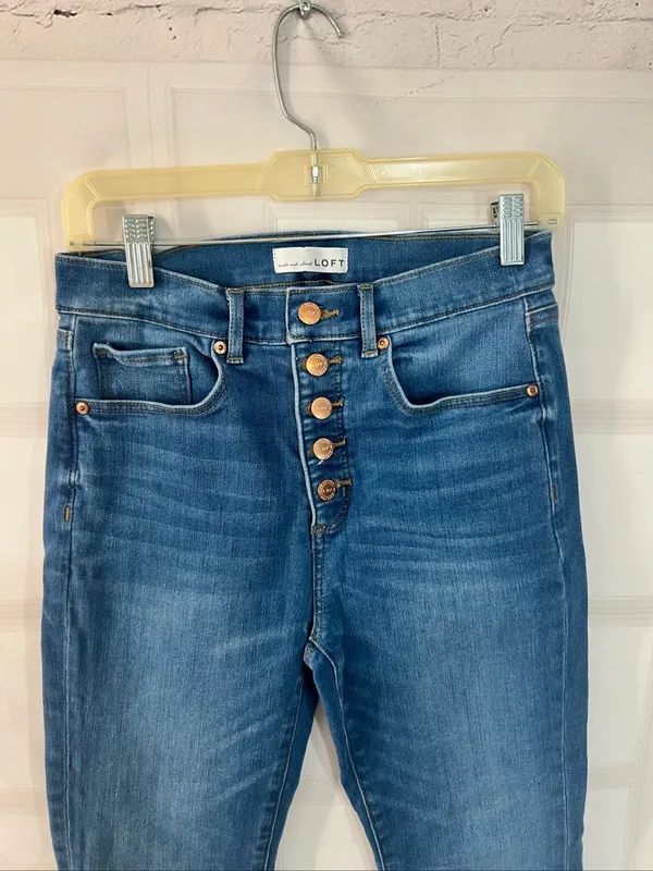 Loft Bright Mid Indigo Wash Flare High Rise Kick Crop Button Fly Jeans Size 28/6 - Image 4