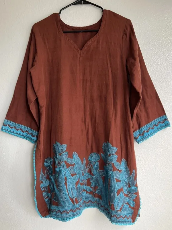 Vintage Mexican American long-sleeved Cotton tunic teal embroidered Brown floral - Image 8