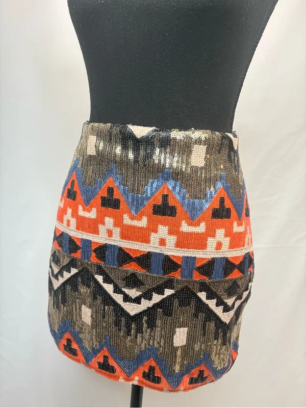 Forever 21 Sequin Mini Skirt Black Multicolor Aztec - Image 4