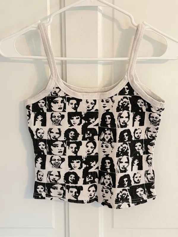 Edikted Graphic Faces Ribbed Crop Tank Top Black White‎ Y2K Size Small - Image 2