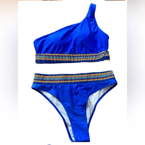 One Shoulder Feminine Boho-Chic 2-Piece Bikini Swimsuit Med Vacation Beach‎ - Image 3