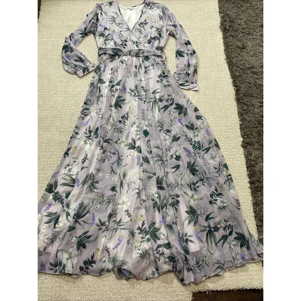 Ivy City Co Sweet Caroline Floral Maxi Dress Size M Lavender Wrap Smocked Sleeve - Image 15
