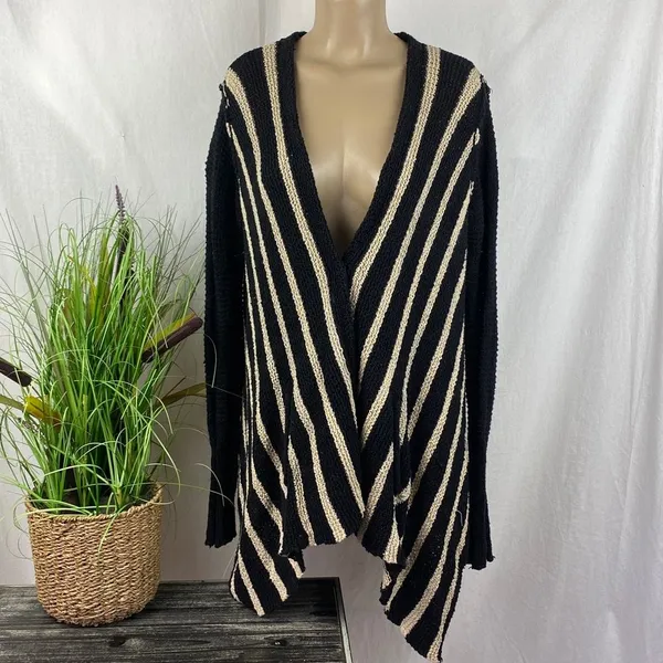 Free People Black & Tan Striped Knit Long Sleeve Snap Duster Cardigan Sweater S - Image 3