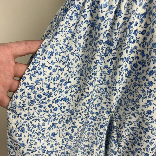Mikarose Dress Womens Large Blue Floral Puff Sleeve Milkmaid Smocked Pockets‎ L - Image 11