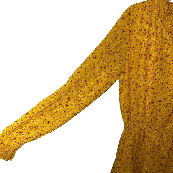 NWT‎ Time & Tru Mustard Yellow Floral Midi Dress Smocked Waist Long Sleeve Dress - Image 4