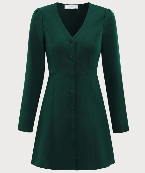 RIHOAS The Green V Neck Button Shirt Mini Dress S - Image 7