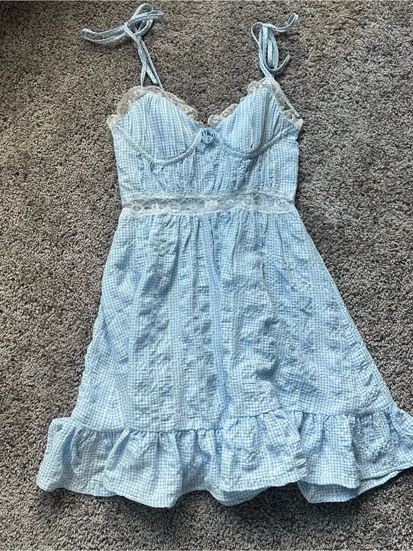 Light Blue Gingham Mini Dress with Lace Trim - Image 3
