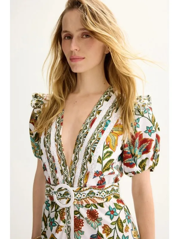 FARM Rio Botanicals Belted Midi Dress in Small Womens Cotton Poplin Floral - Image 5