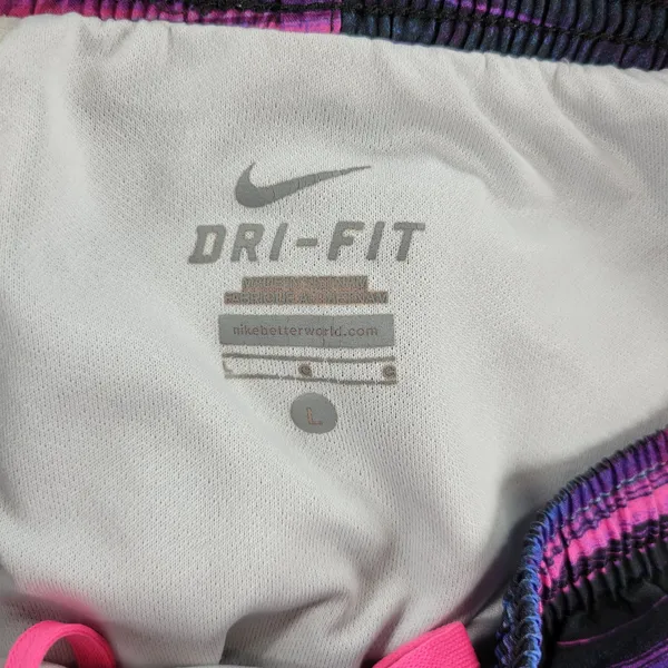 Nike Dri Fit Womens Tiempo Running Shorts L Black Pink Purple Stripes Athletic - Image 3