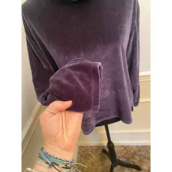 Garnet Hill Velour Knit Turtleneck Cowl Neck Pullover Top Blue Grey Cotton Modal - Image 2