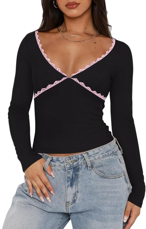 REORIA Lace Trim Long Sleeve Top - Image 2
