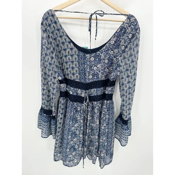 Maurices Dress Women MEDIUM NWT Blue‎ Printed Long Sleeve Tie Back Peasant Mini - Image 2