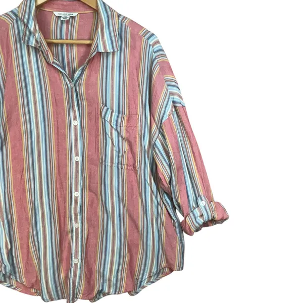 American‎ Eagle Womens Pink Stripe Viscose Linen Blend Lightweight Button Down M - Image 4