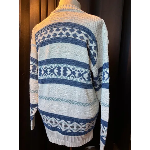 Vintage Cafe La Vie Blue Cream Geometric‎ Fair Isle Mock Neck Knit Sweater - Image 3