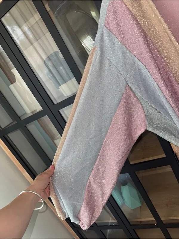 Main Strip Pastel rainbow wrap dress robe long sleeve shimmery glitter metallic QOS mini - Image 7