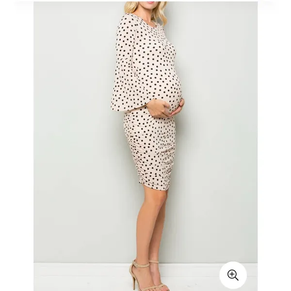 My Bump Maternity Dress, Polka Dot Bell Sleeves Body Con Dress,taupe And Black L - Image 3