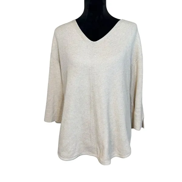 Chicos Beige V-Neck Pullover Sweater Size 2 (LG) Neutral Minimalist Boho Beach - Image 2