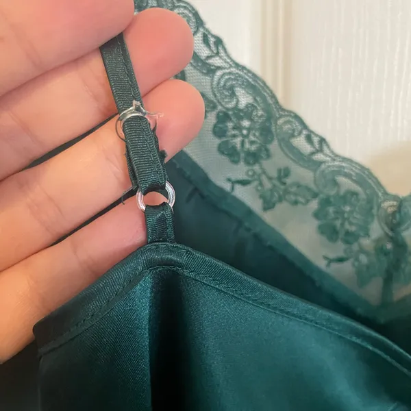 Emerald Green Satin Midi Slip Dress Lace Vintage Size Medium Lingerie Nightie - Image 4