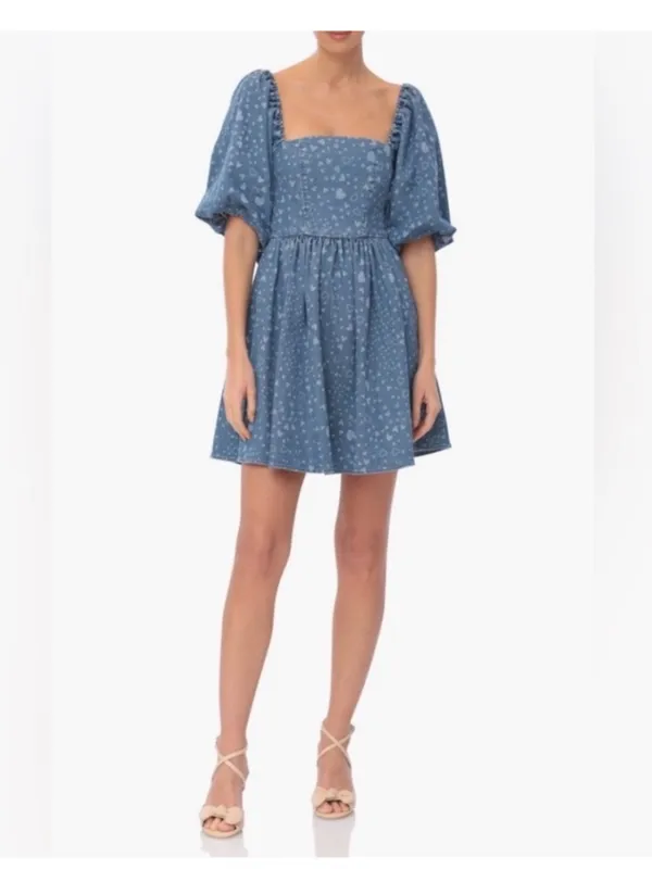 NWT Avec Les Filles Swirling Hearts denim puff sleeve babydoll minidress bow S - Image 6