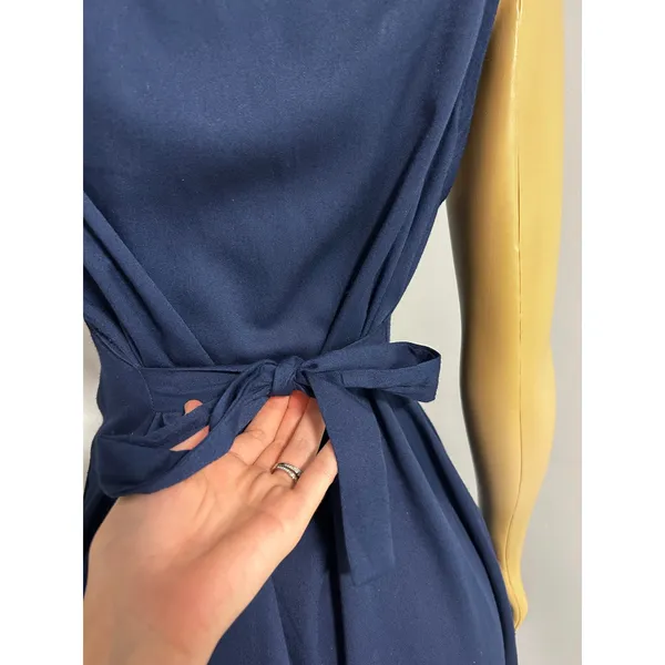Y2K 90s Willow Ridge Vintage Navy Blue Button Down Pleated Midi Dress 10P USA - Image 5