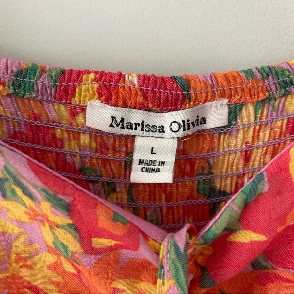 Marissa Olivia Red Orange Floral Flutter Sleeve Peasant Smocked Mini Dress L - Image 4