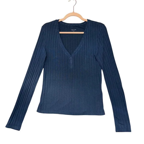 State of Day Intimates Blue Ribbed Henley Pajama Set Long Sleeve Wide Leg Small - Image 3
