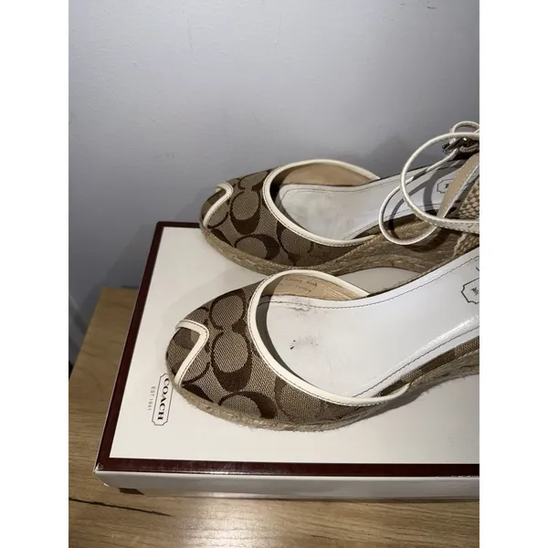 Coach Kimmy Wedge Sandals Khaki Gold Signature Size 8 Espadrille Straw Heels - Image 6