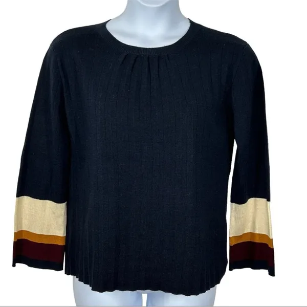 Cliché Navy Cream Colorblock Bell Sleeve Sweater Small Wool Blend Preppy Retro - Image 3