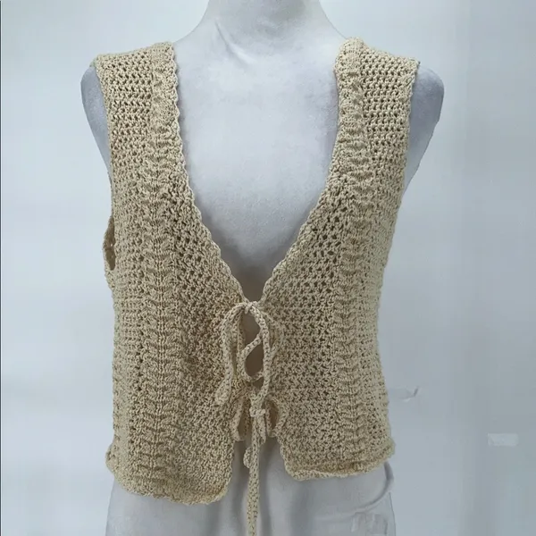 Cotton On Women’s Cream Crochet Vest Tie Front Vest Size M - Image 3