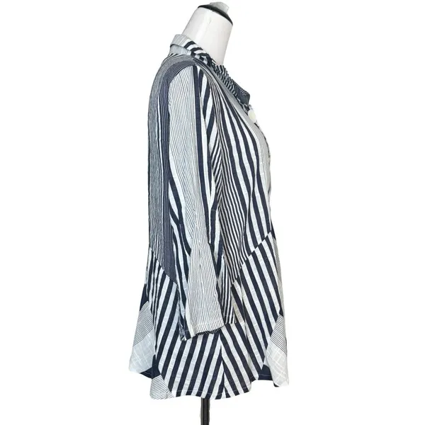 DAMEE Oversized Striped Button Up Shirt Small Wire Collar Blue Lagenlook Artsy - Image 2