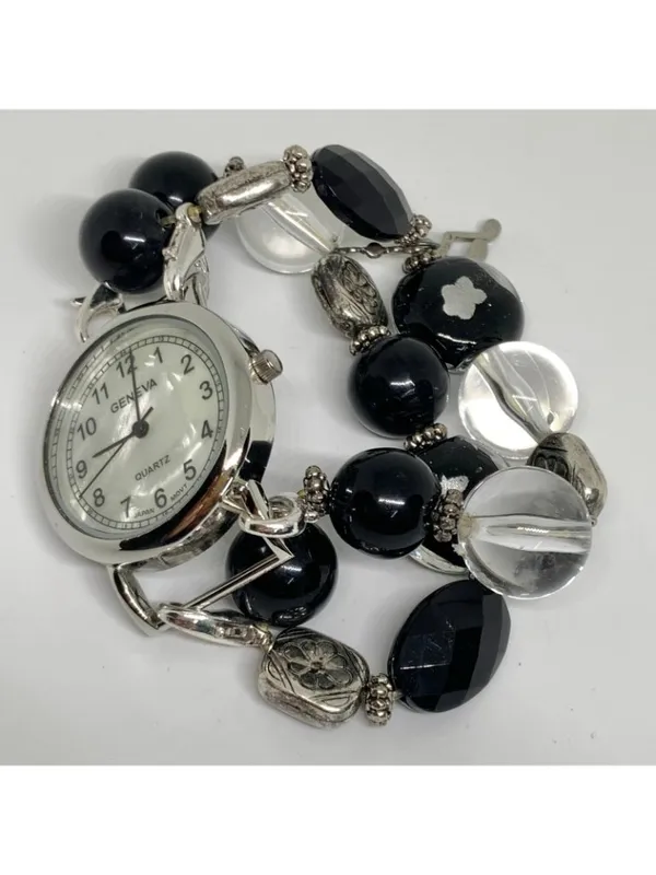 Geneva women’s beaded bracelet watch silver tone 33mm mop dial Quartz running - Image 3