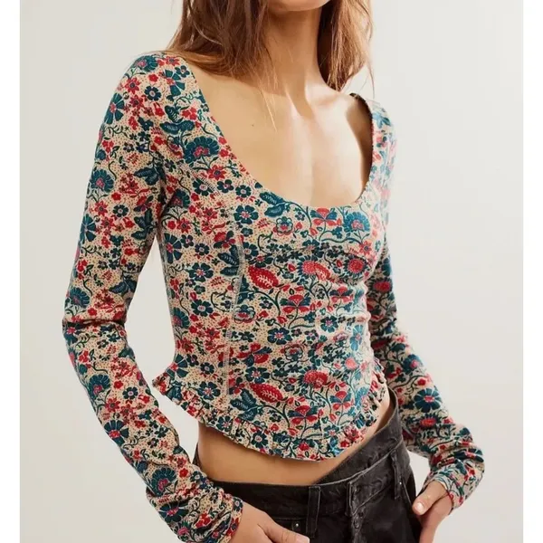 Free People sz M Ruffle Paisley Melanie Scoop Top Blouse Boho Feminine Cottage - Image 6
