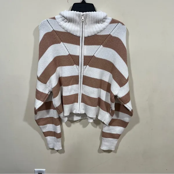 NWT OFFLINE By Aerie Full Zip Sweater stripped size XL Beach Dune women’s - Image 9