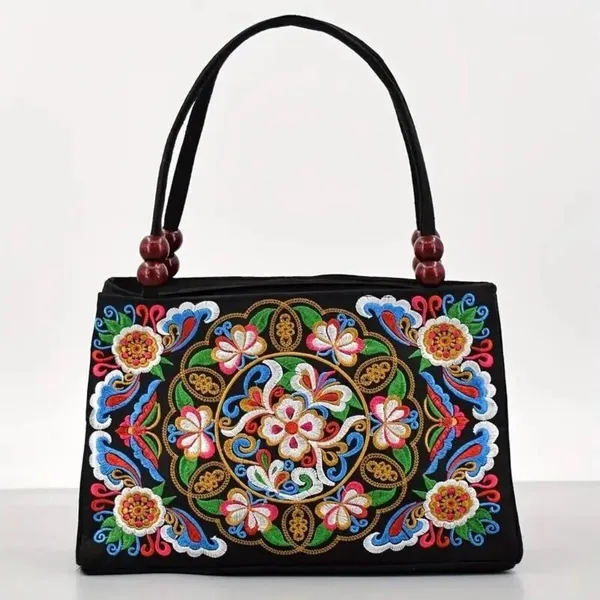 Women's Stylish Floral Embroidered Tote Handbag, Trendy Zipper Canvas Bag - Image 2