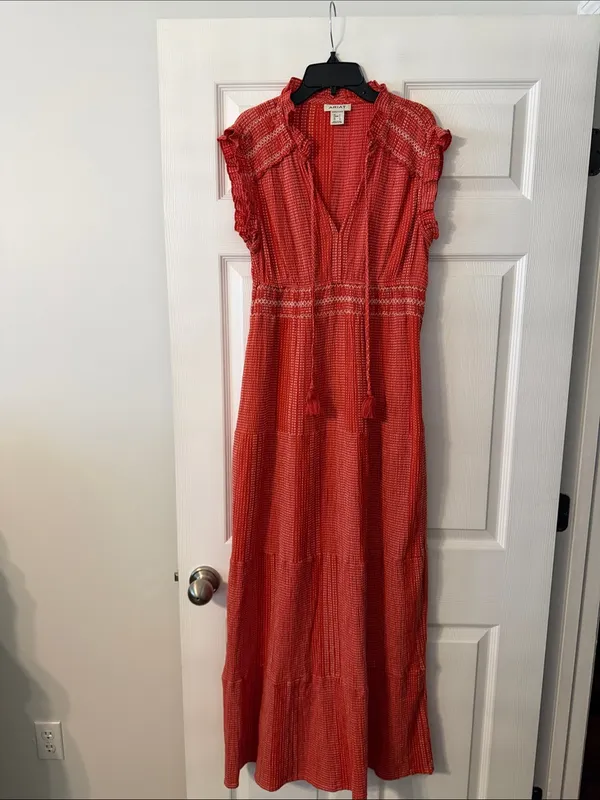 Ariat Coral-Red Tiered Maxi Dress with Tassel Tie size S excellent condition - Image 2