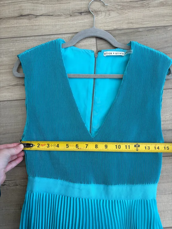 Alice + Olivia Joleen V Neck Pleated Skirt Handkerchief Midi Dress Teal Blue 4 - Image 8