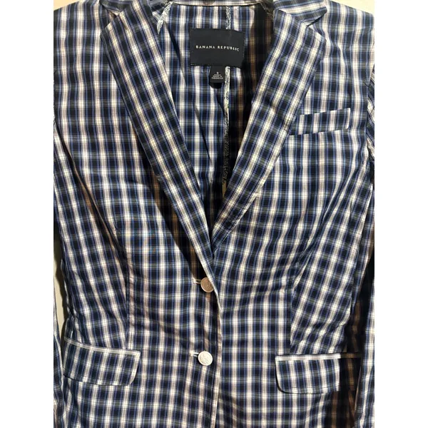 Banana Republic Plaid Blazer Women Small Navy Blue Excellent Cotton Shirt Jacket - Image 8