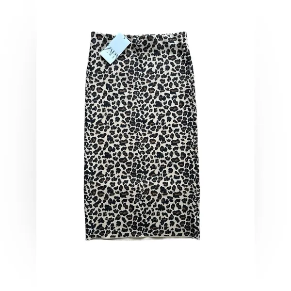 Zara Leopard 2PC Sweater Set Tank Pencil MIDI Skirt M Brown Black Animal Print - Image 5