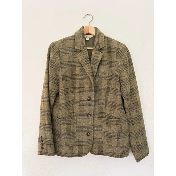 Vintage Women M Green Excellent Plaid Wool Silk Blend 3-Button Blazer Jacket - Image 8