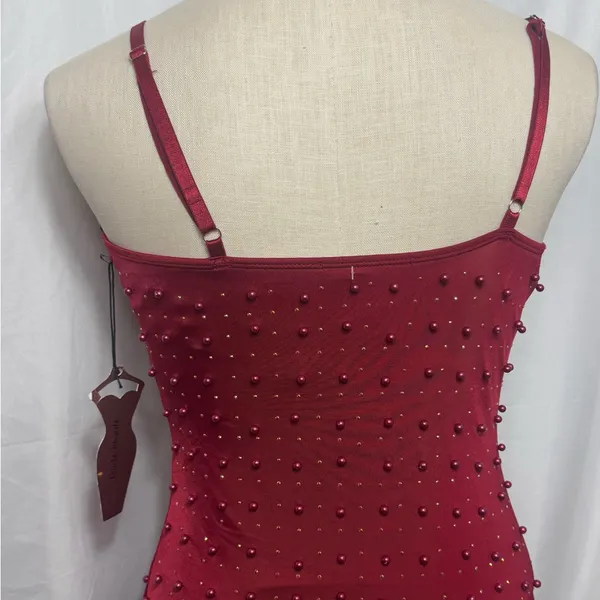 Elegant Red Beaded Dress bodycon party Valentines dark ruby spaghetti strap S - Image 6