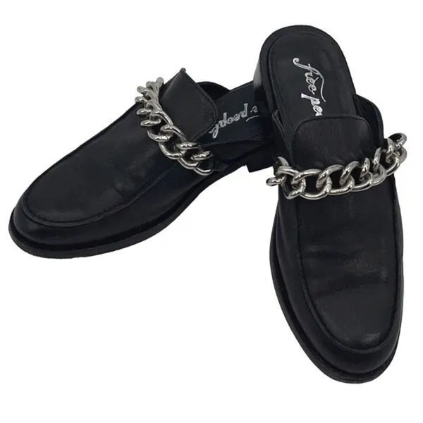 Free People Womens Leather Chain Slip-On Vida‎ Mule Loafers Black Size 37.5 - Image 4