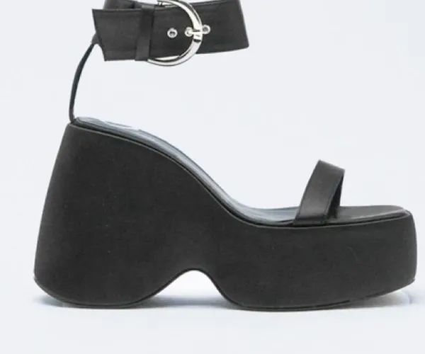 NASTY GAL Black Satin Ankle Strap Buckle Chunky Wedge Platform Sandals Size 8 - Image 2