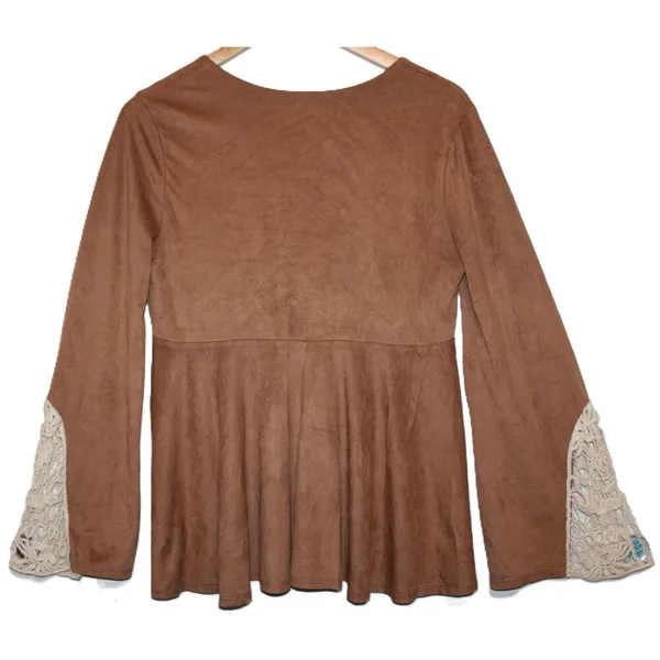 NWOT Altar'd State Brown Cream Bell Sleeve V-Neck Knit Lace Cuffs Blouse Size L - Image 2