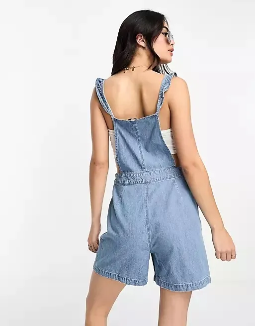 ASOS NWT Only frill detail denim playsuit in mid blue. Size large. - Image 3