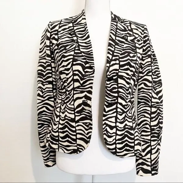 Calvin‎ Klein Blazer Size 4 Black Cream Zebra Animal Print Executive Sleek Retro - Image 9